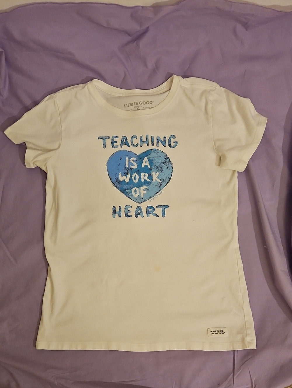 Women's Life Is Good White Tee with Blue Heart Teaching Graphic
